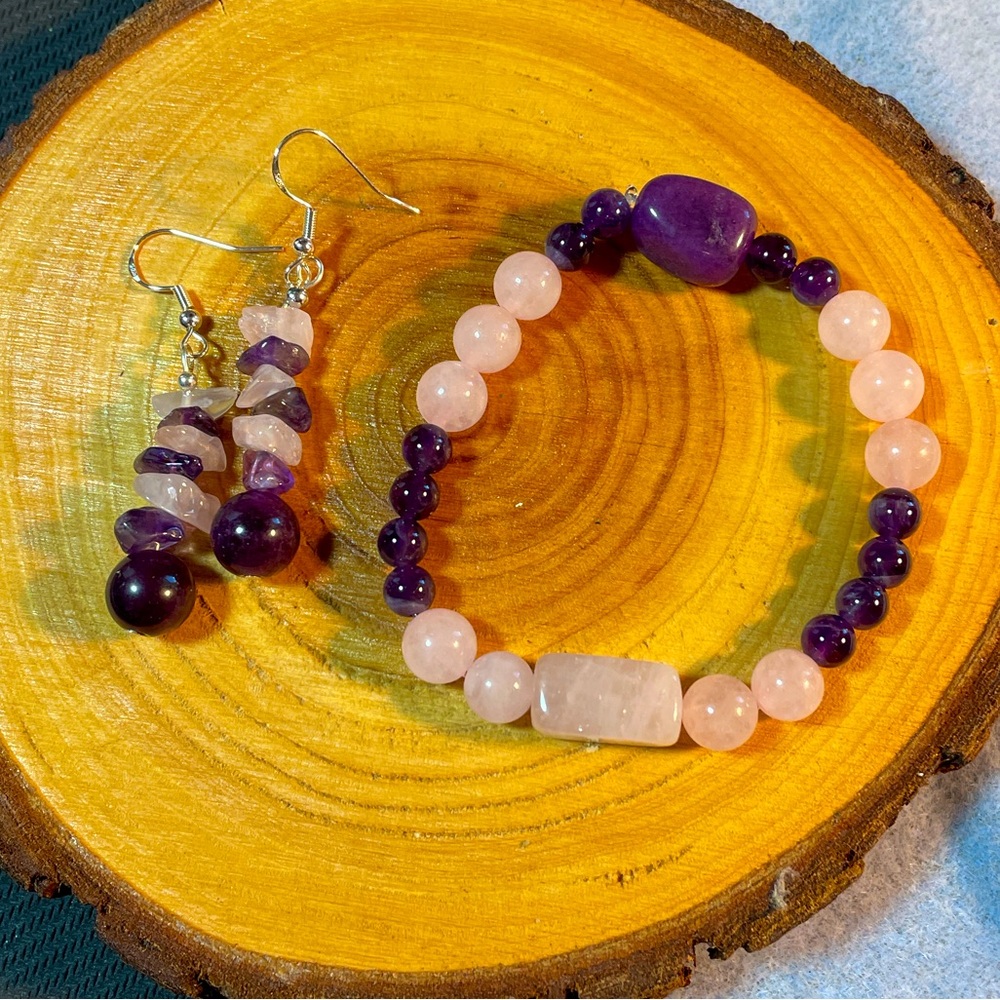 Genuine Rose Quartz and Amethyst Stretch Bracelet and Earring Set